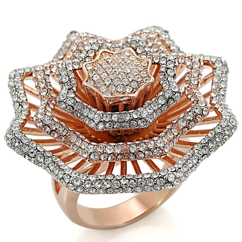 JCE023 Rose Gold + Rhodium Brass Ring with Top Grade Crystal  in Clear