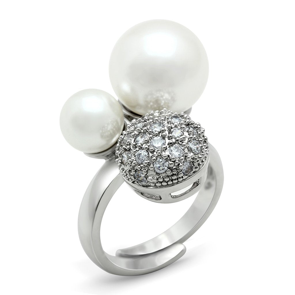JCE137 Rhodium Brass Ring with Synthetic Pearl in White
