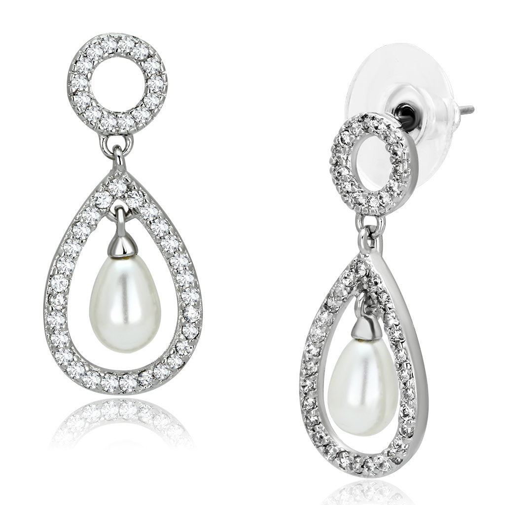 JCE341 Rhodium Brass Earrings with Synthetic Pearl in White