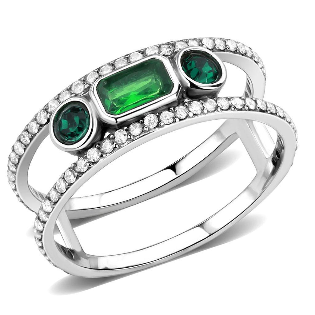 JCE348 High polished (no plating) Stainless Steel Ring with Synthetic Synthetic Glass in Emerald