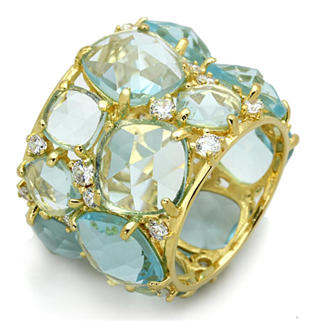 JCES766 Gold 925 Sterling Silver Ring with Synthetic Synthetic Glass in Sea Blue