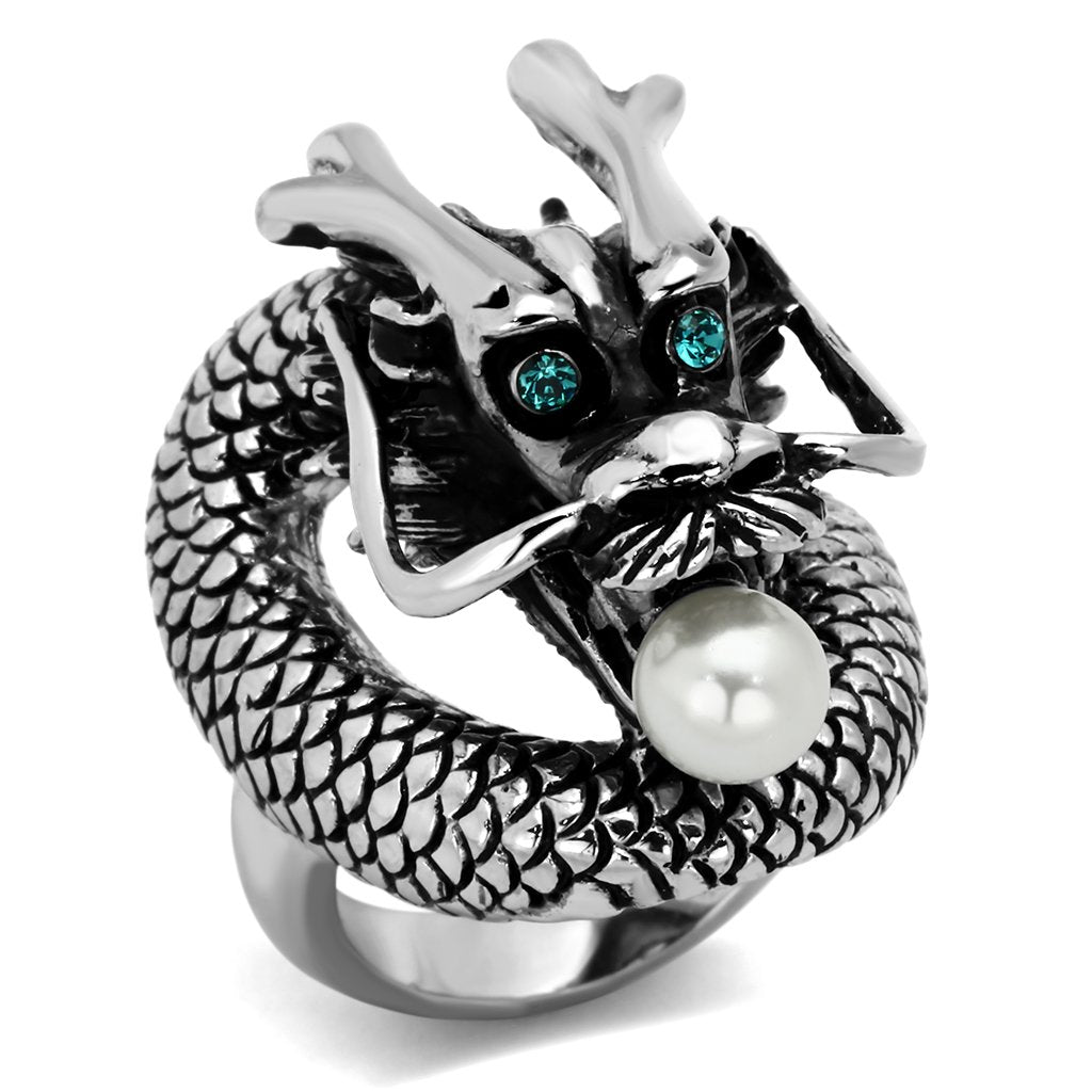 JCE1014 High polished (no plating) Stainless Steel Ring with Synthetic Pearl in White